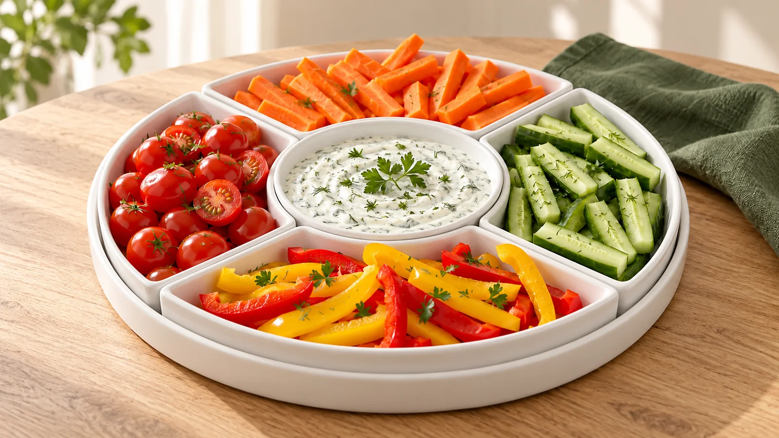 AI-generated illustration of a white divided serving tray with four removable curved side dishes and a round center dip bowl on a circular base tray.