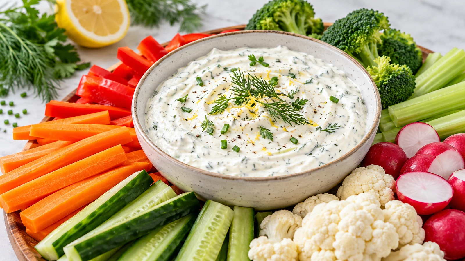 Creamy homemade vegetable dip with carrots, cucumber, broccoli, celery, bell pepper, cauliflower and radishes