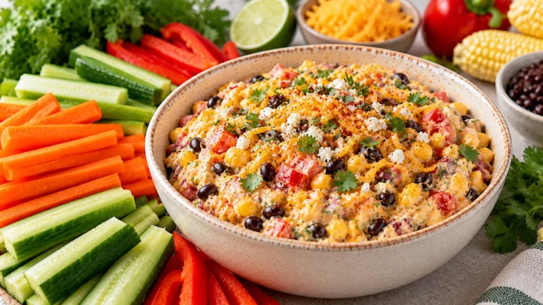 Creamy fiesta corn dip with black beans, red pepper and fresh vegetables for dipping
