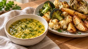 Garlic butter dipping sauce with fresh parsley served alongside roasted broccoli, cauliflower, potato wedges and artichoke.