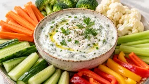 Greek yogurt vegetable dip with fresh dill, chives and parsley, served with carrots, cucumbers, broccoli, cauliflower and colorful bell peppers.