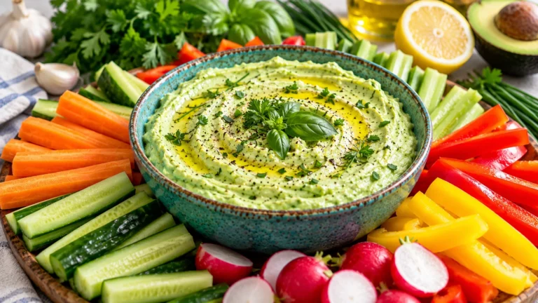 Creamy green goddess dip with avocado, fresh herbs and lemon served with carrots, cucumbers and bell peppers