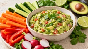 Guacamole maison crémeux servi avec des légumes frais