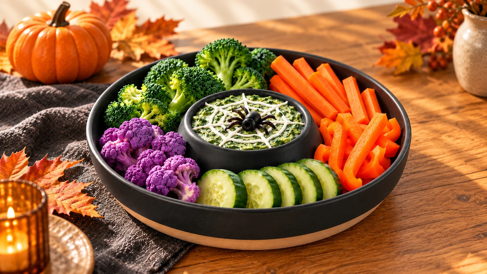 AI-generated illustration of a black chip and dip bowl with an integrated central dip well, a continuous outer serving area and a tan base.