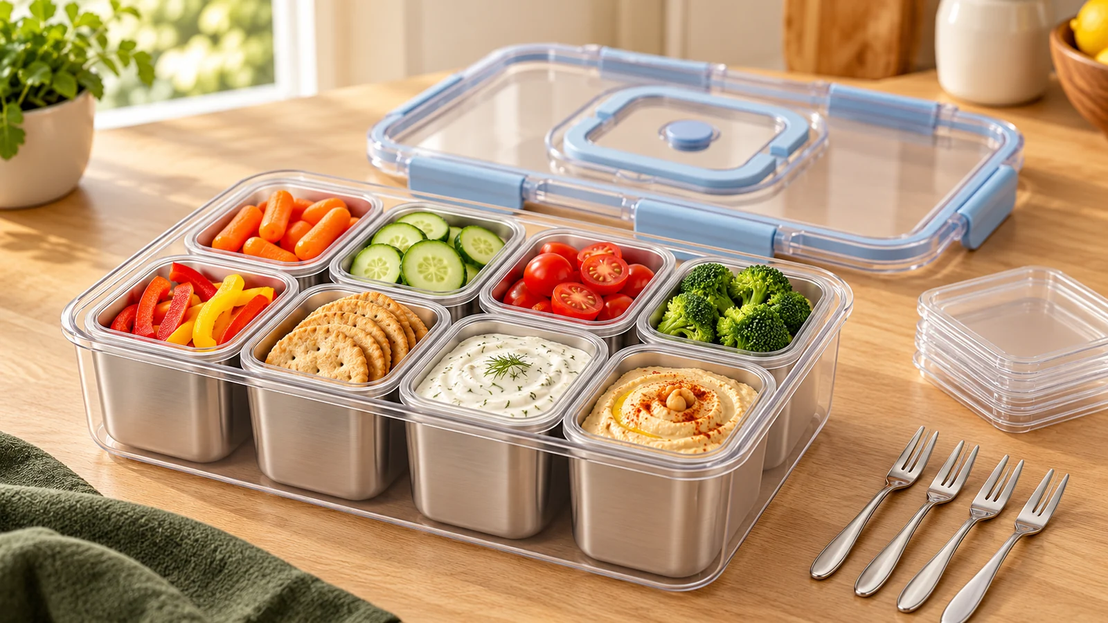 AI-generated illustration of a snackle box with eight removable stainless steel cups, individual clear lids, a blue-handled outer lid and four forks.