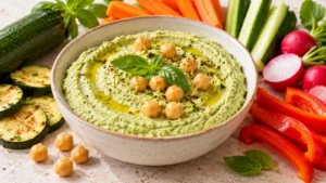 Houmous de courgettes crémeux servi avec des crudités
