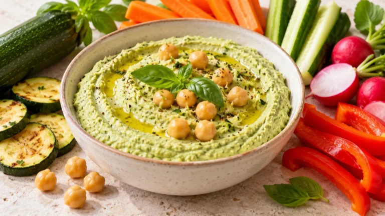 Houmous de courgettes crémeux servi avec des crudités