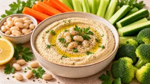 Houmous de haricots blancs au citron servi avec des crudités