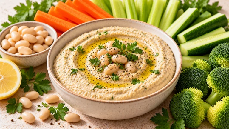 Houmous de haricots blancs au citron servi avec des crudités