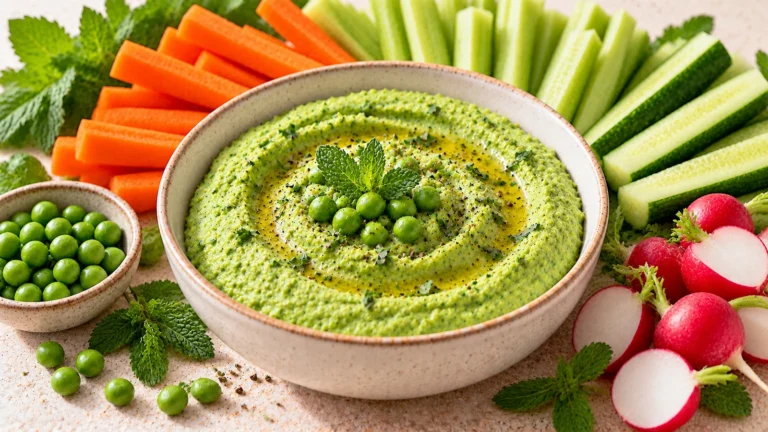 Houmous de petits pois à la menthe servi avec des crudités