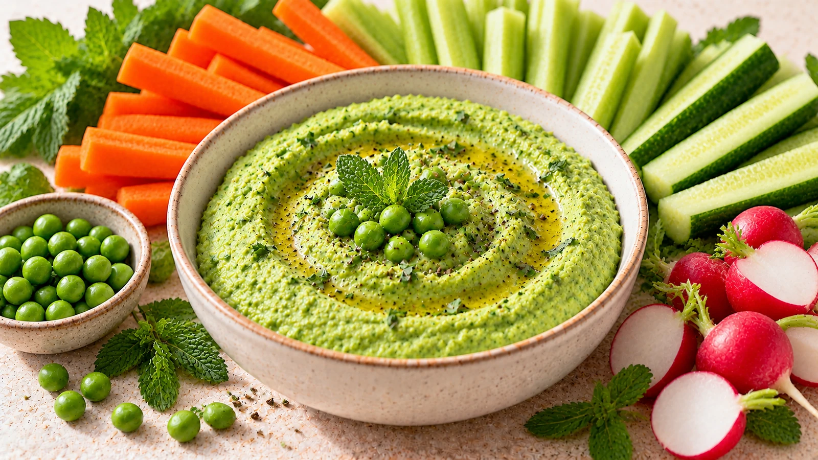 Houmous de petits pois à la menthe servi avec des crudités