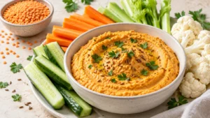 Houmous aux lentilles corail crémeux servi avec des crudités