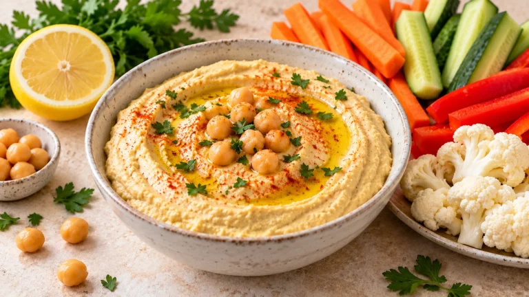 Houmous sans tahini crémeux servi avec des crudités