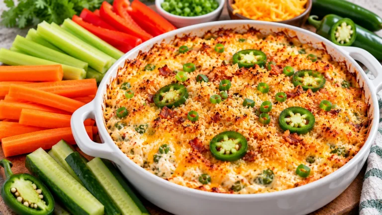 Baked jalapeno popper dip with melted cheese, crispy topping and fresh jalapenos served with celery, carrots and bell peppers
