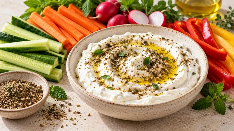 Labneh maison crémeux au yaourt égoutté servi avec des crudités