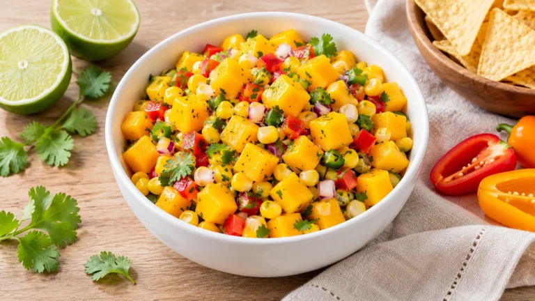 Mango corn salsa with red bell pepper, red onion and cilantro in a white bowl, served with lime and tortilla chips.