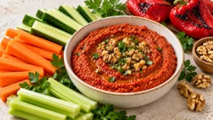 Muhammara aux poivrons rouges et aux noix servie avec des crudités