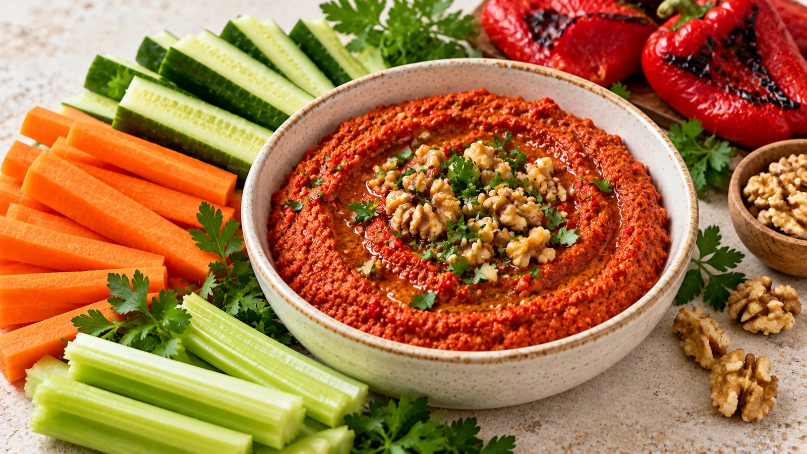 Muhammara aux poivrons rouges et aux noix servie avec des crudités
