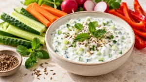 Raita au concombre et au cumin servi avec des crudités