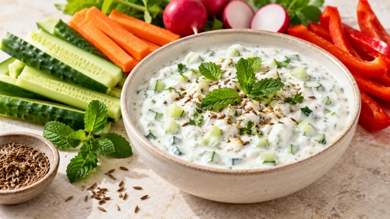 Raita au concombre et au cumin servi avec des crudités