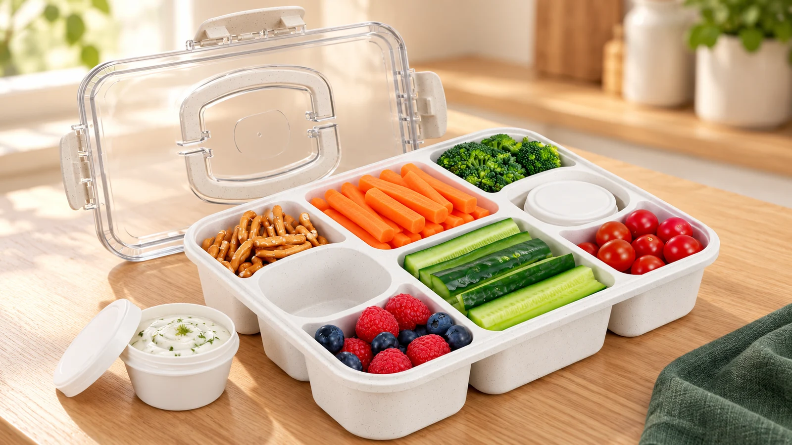 AI-generated illustration of a cream eight-compartment snackle box with a clear handled lid and two round sauce cups.