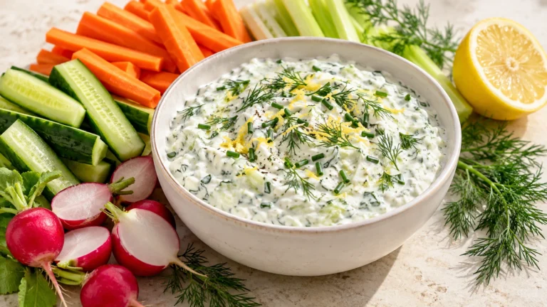 Sauce concombre au fromage blanc servie avec des crudités