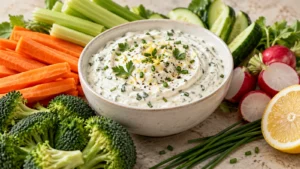 Sauce à la crème fraîche aux herbes servie avec des crudités