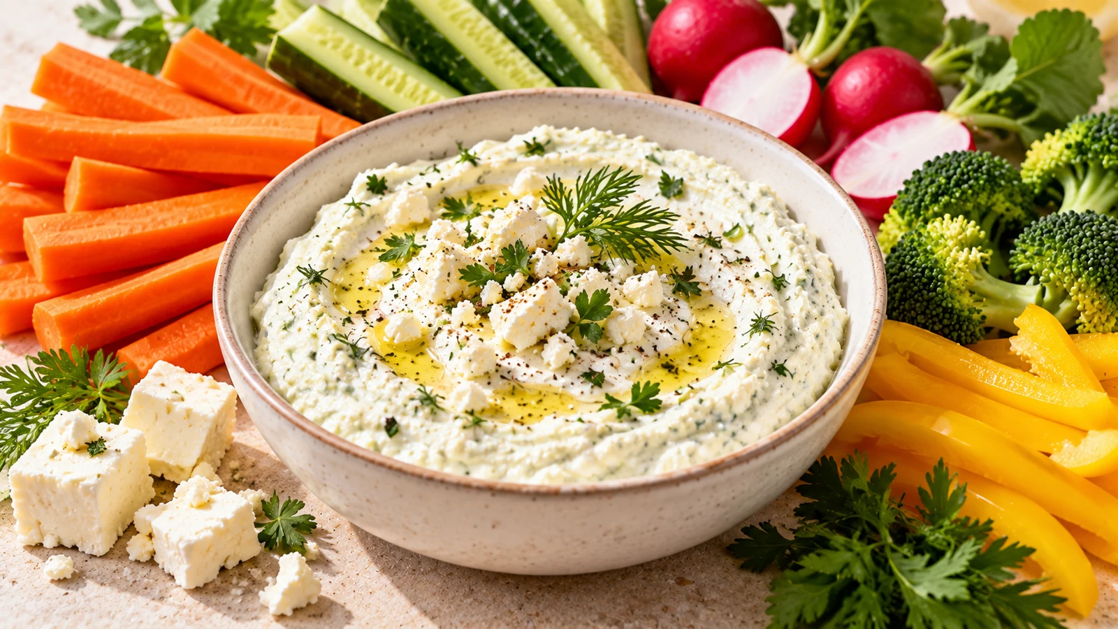Sauce feta crémeuse servie avec des crudités