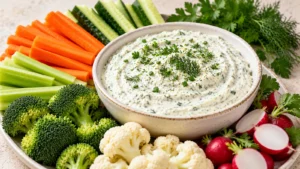 Sauce ranch maison crémeuse servie avec des crudités