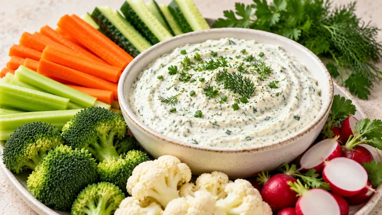 Sauce ranch maison crémeuse servie avec des crudités