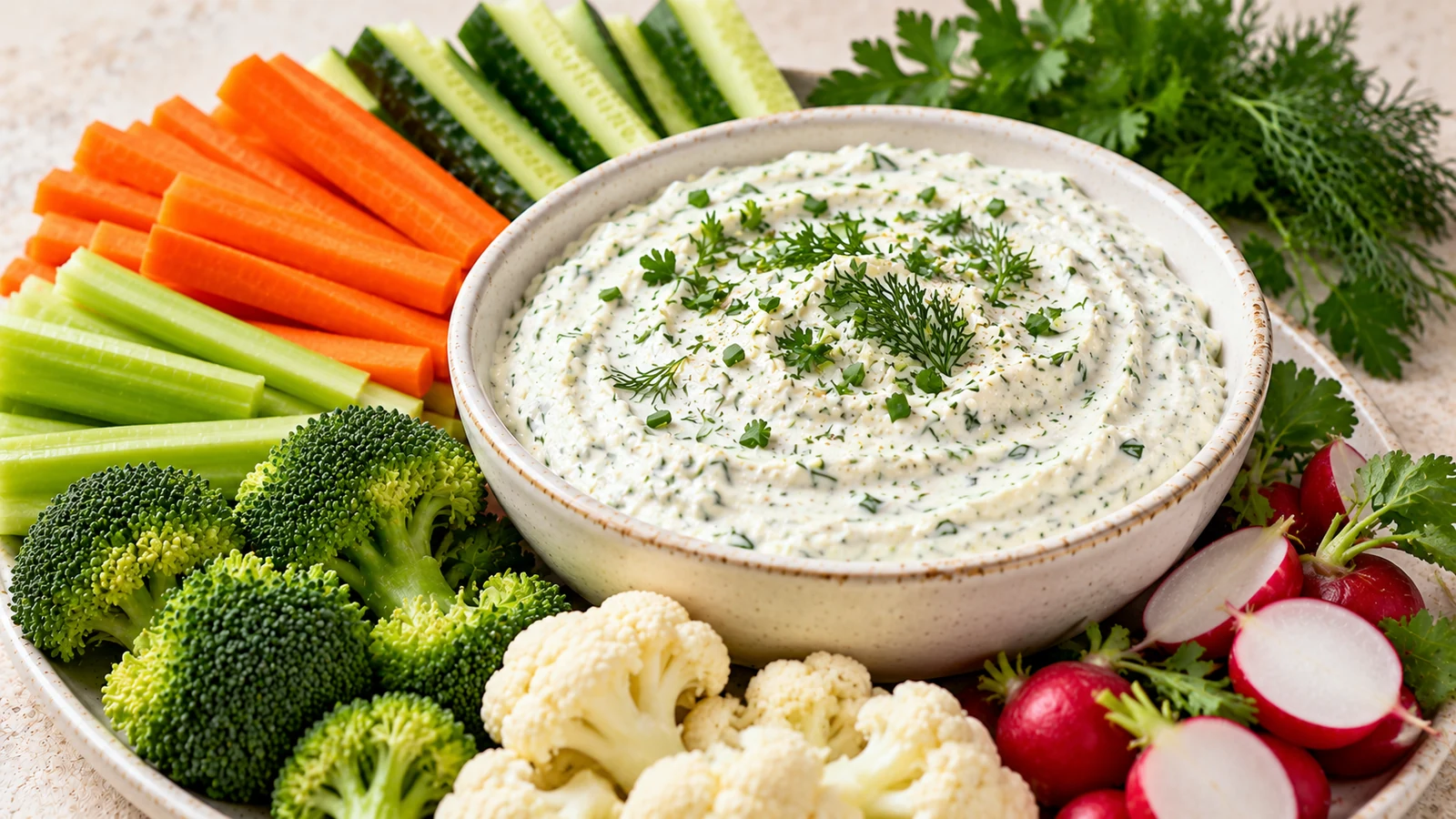 Sauce ranch maison crémeuse servie avec des crudités