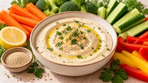 Sauce tahini au yaourt et au citron servie avec des crudités