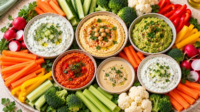 Sauces pour crudités à l’apéro servies avec un plateau de légumes frais