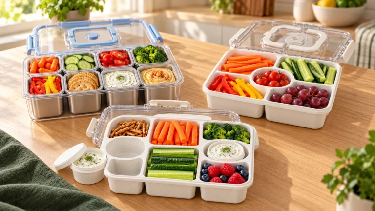 AI-generated comparison of three snackle box container designs: removable stainless steel cups, a white five-compartment box and a cream eight-compartment tray with sauce cups.