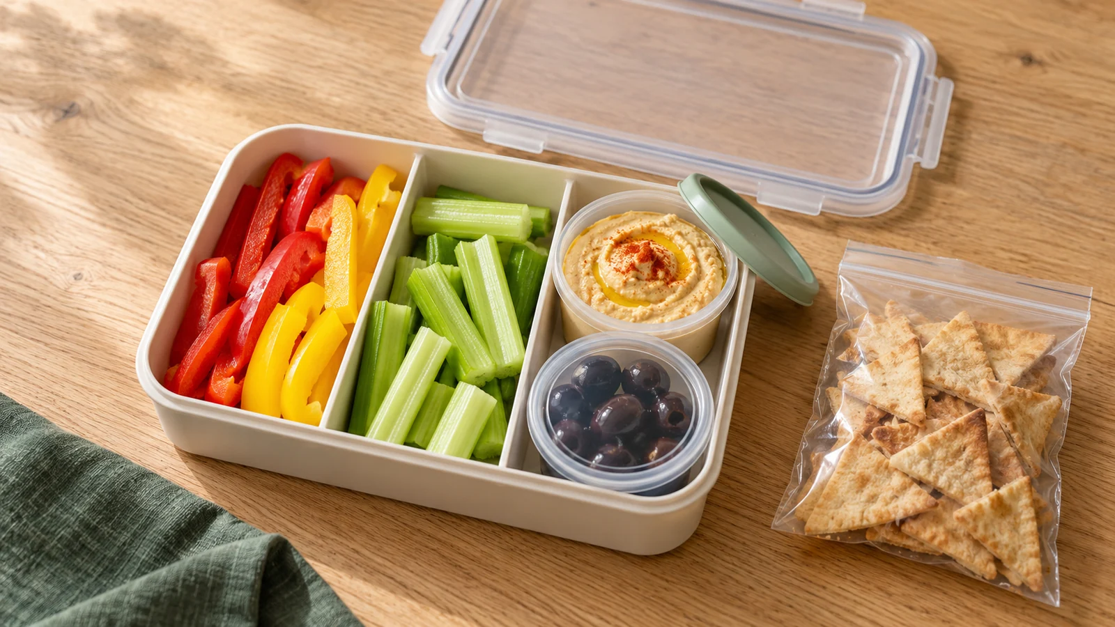 Snackle box ideas with hummus, red and yellow pepper strips, celery and olives, with pita chips in a separate bag.