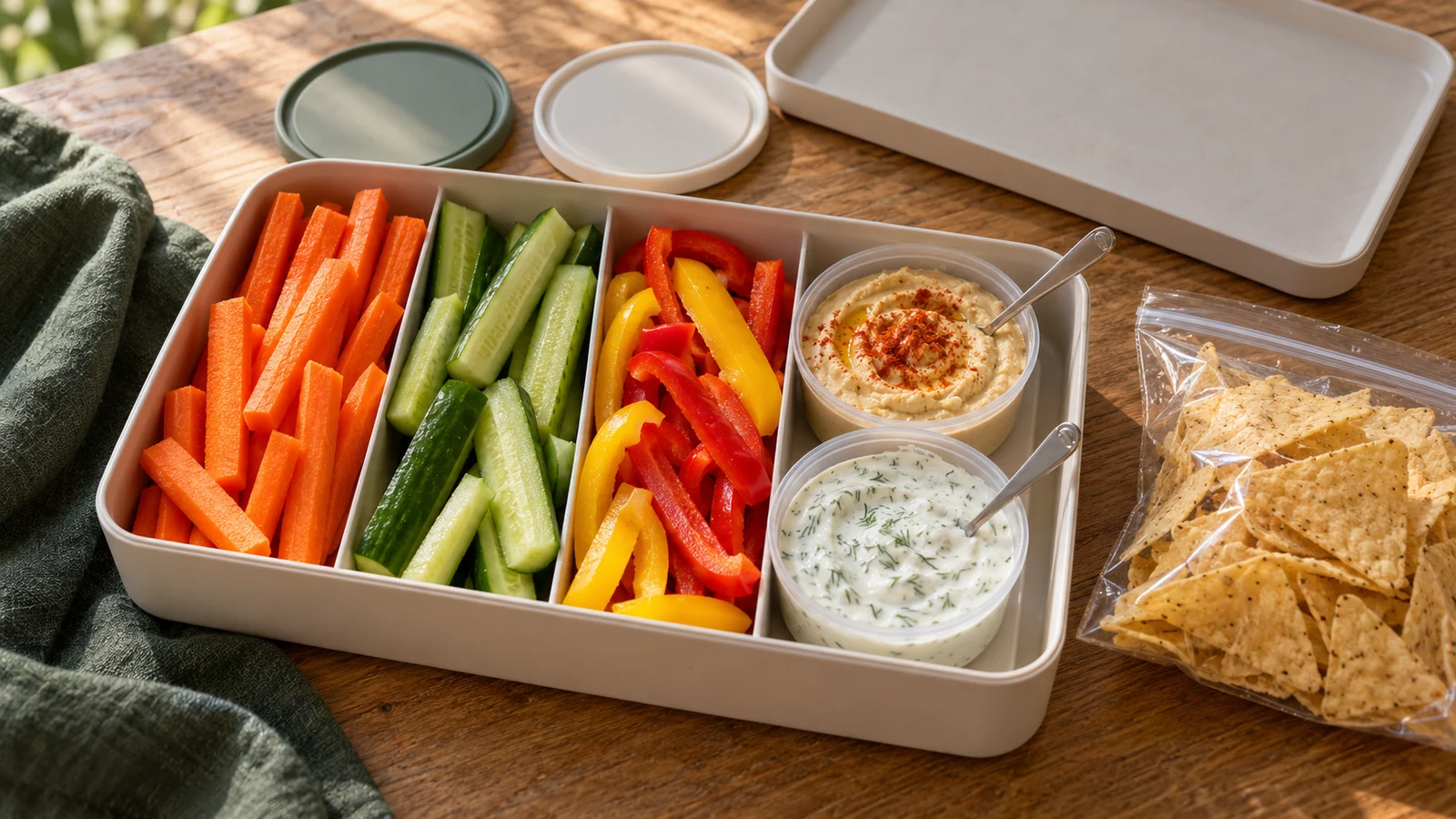 Snackle box ideas for sharing with carrots, cucumber, bell peppers, hummus and dill dip, with tortilla chips packed separately.