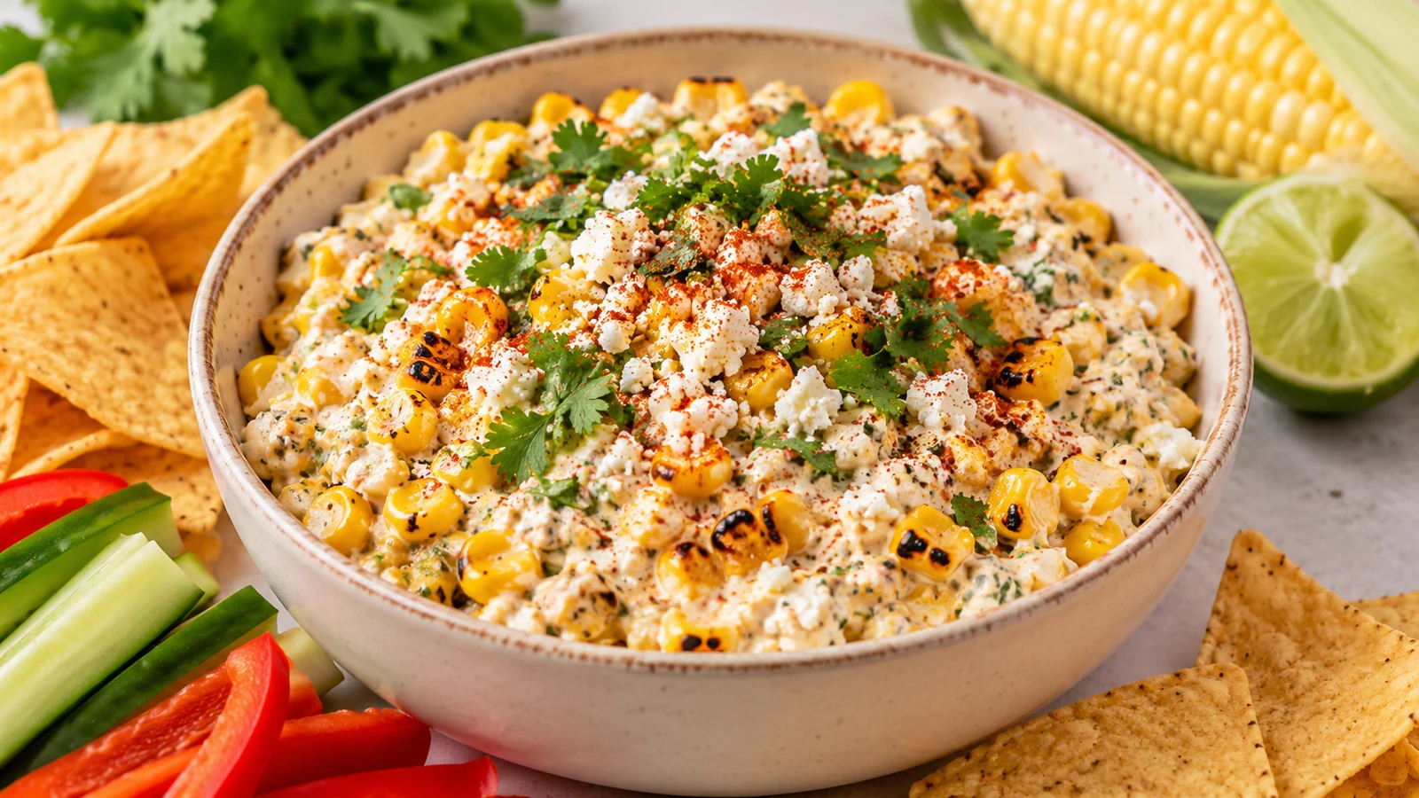 Creamy street corn dip with charred corn, cotija, cilantro, lime and fresh vegetables