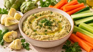 Tapenade d’artichauts crémeuse servie avec des crudités