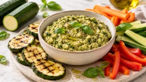Tapenade de courgette onctueuse servie avec des crudités