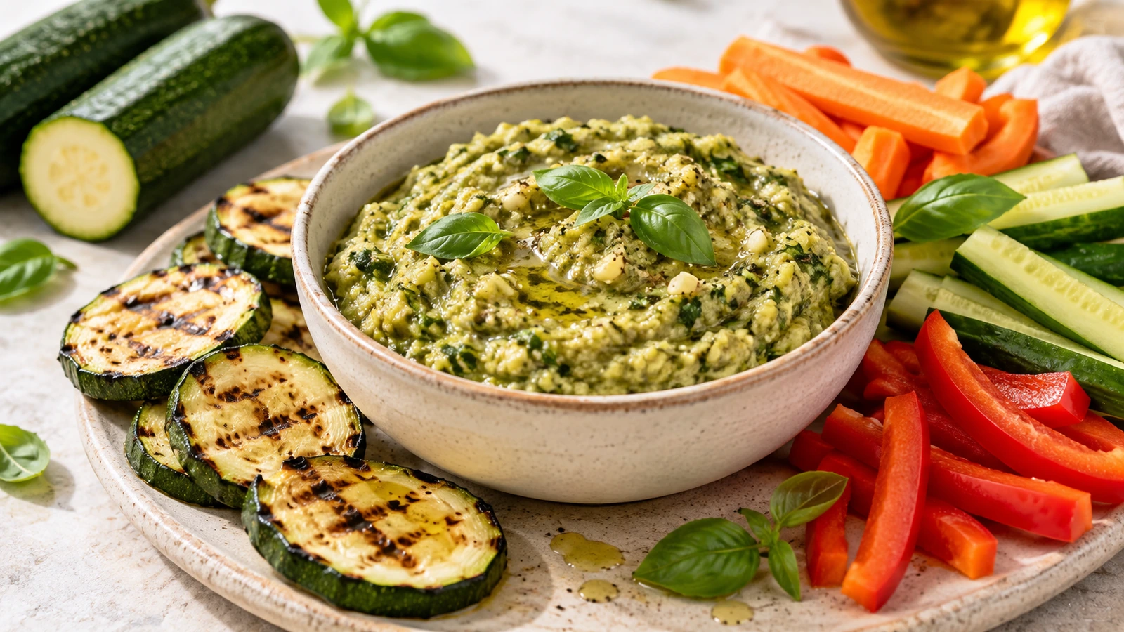 Tapenade de courgette onctueuse servie avec des crudités