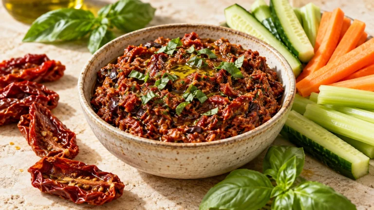 Tapenade de tomates séchées servie avec des crudités