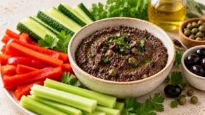 Tapenade maison aux olives servie avec des crudités