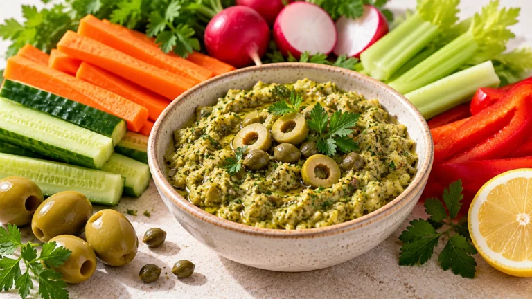 Tapenade verte maison aux olives servie avec des crudités