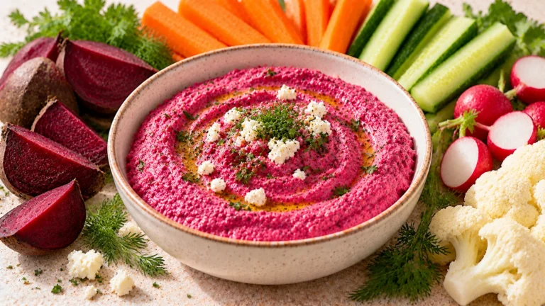 Tartinade de betterave crémeuse servie avec des crudités
