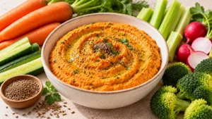 Tartinade de carottes au cumin servie avec des crudités