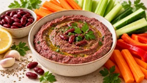 Tartinade de haricots rouges crémeuse servie avec des crudités