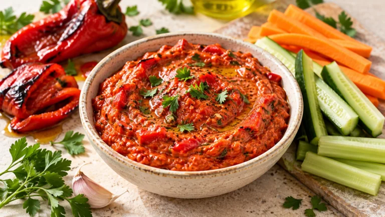 Tartinade de poivrons grillés servie avec des crudités