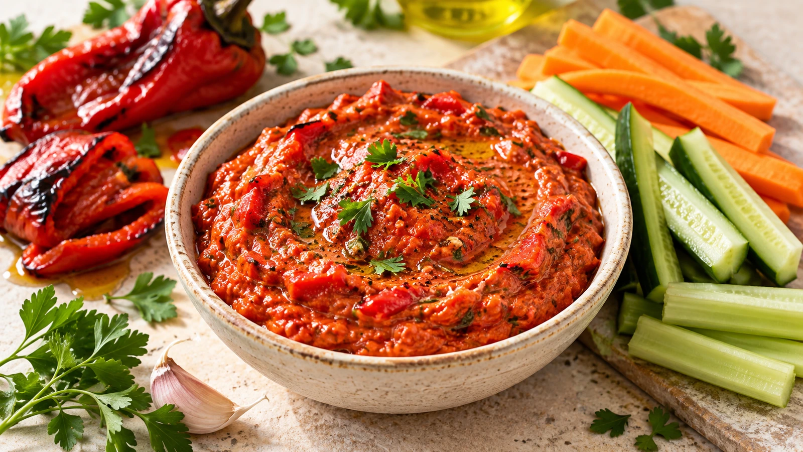 Tartinade de poivrons grillés servie avec des crudités