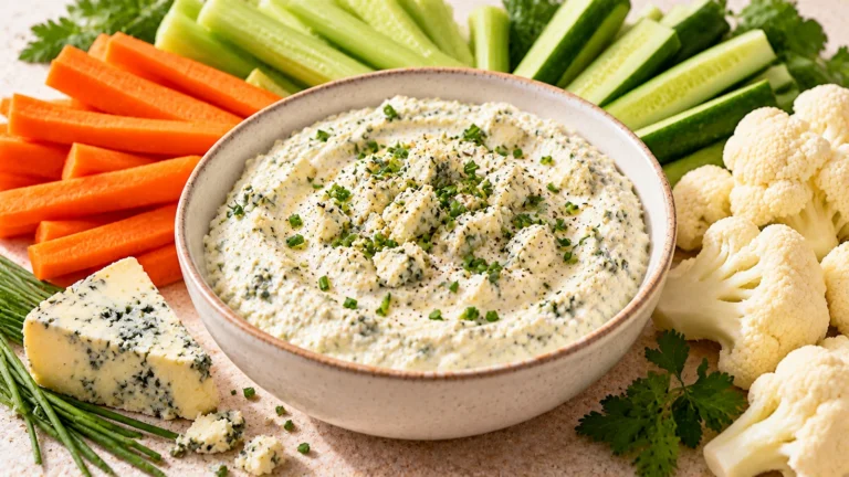 Trempette au fromage bleu servie avec céleri, carottes et crudités