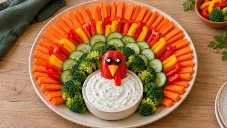 Turkey veggie tray with carrot and pepper feathers, cucumber slices, broccoli, and herb dip topped with a red pepper turkey face.